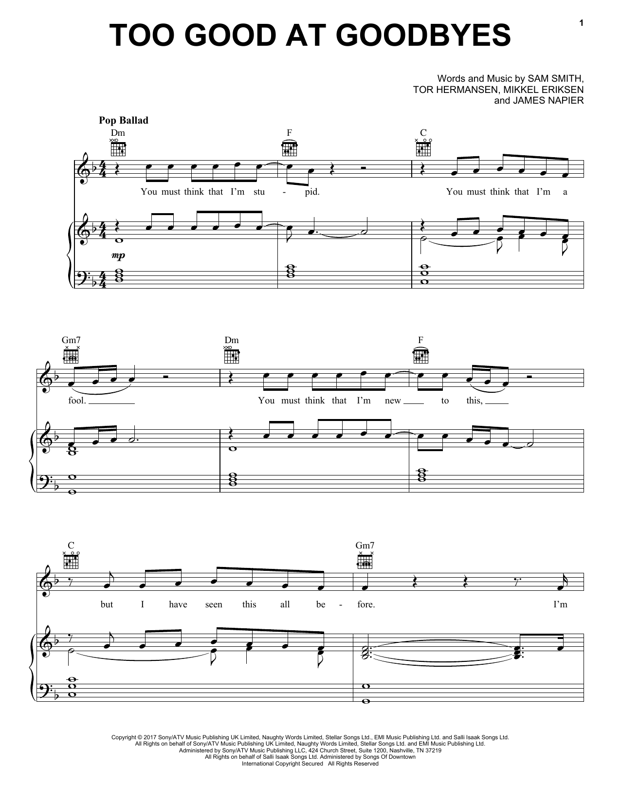 Sam Smith Too Good At Goodbyes Sheet Music Notes Chords Very Easy Piano Download Pop 199203 Pdf