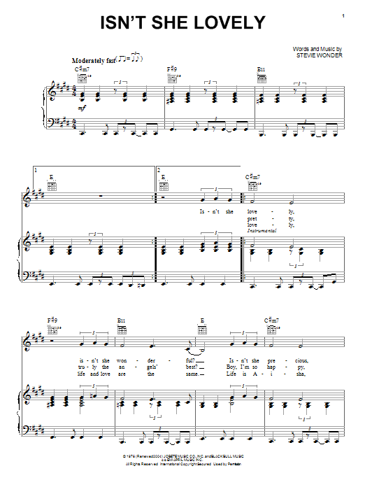 Stevie Wonder Isn T She Lovely Sheet Music Notes Download Printable Pdf Score 197055