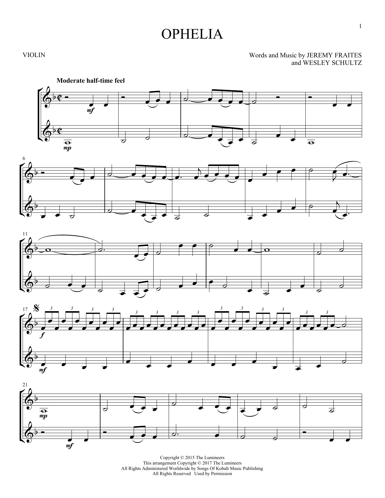 The Lumineers "Ophelia" Sheet Music Notes | Download Printable PDF