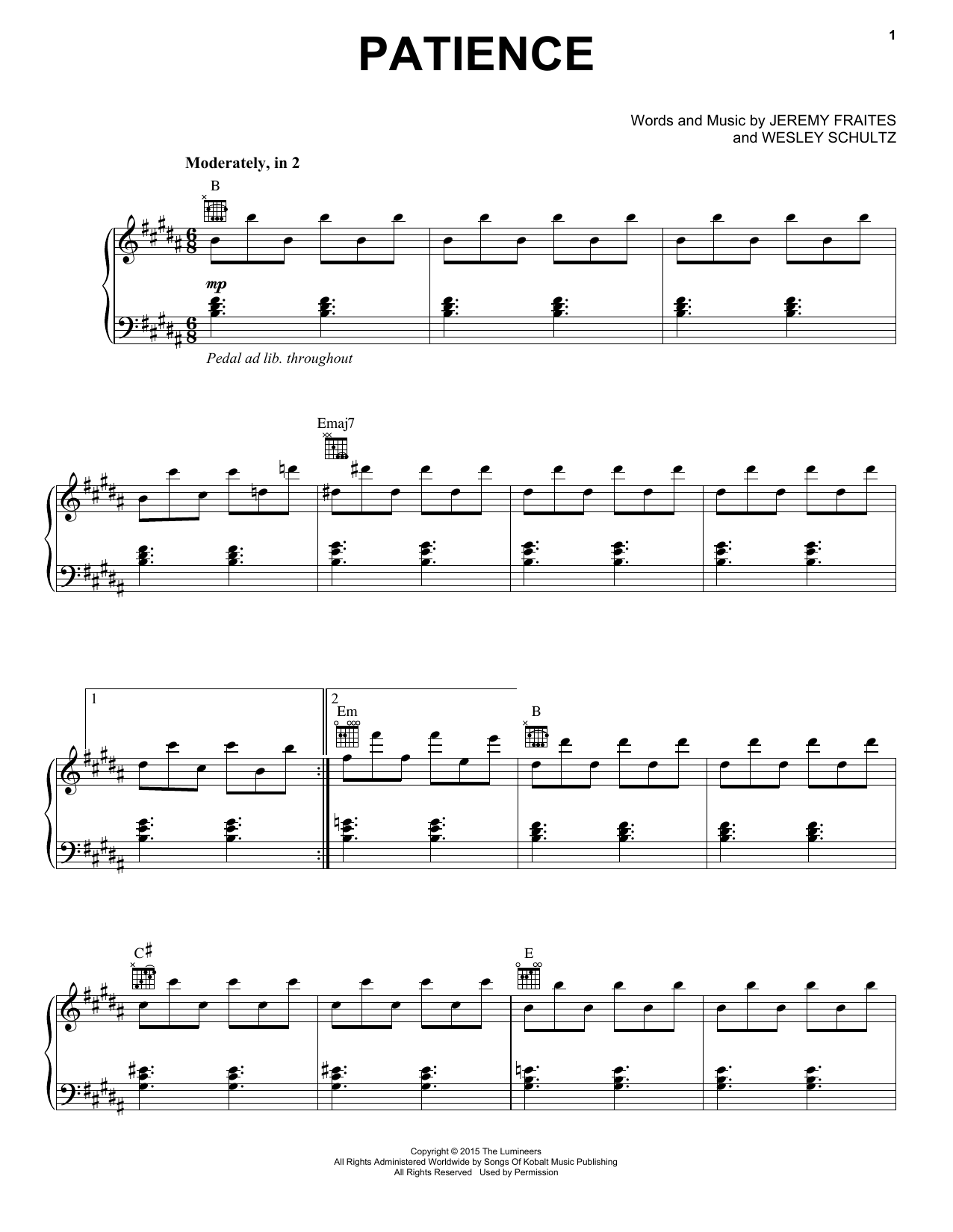 The Lumineers "Patience" Sheet Music Notes | Download Printable PDF