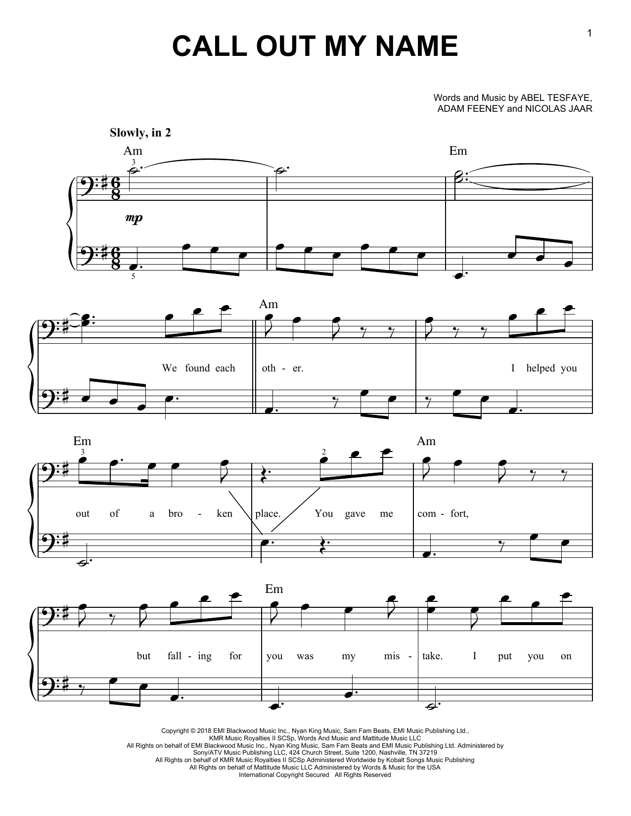The Weeknd Call Out My Name Sheet Music Notes Download Printable