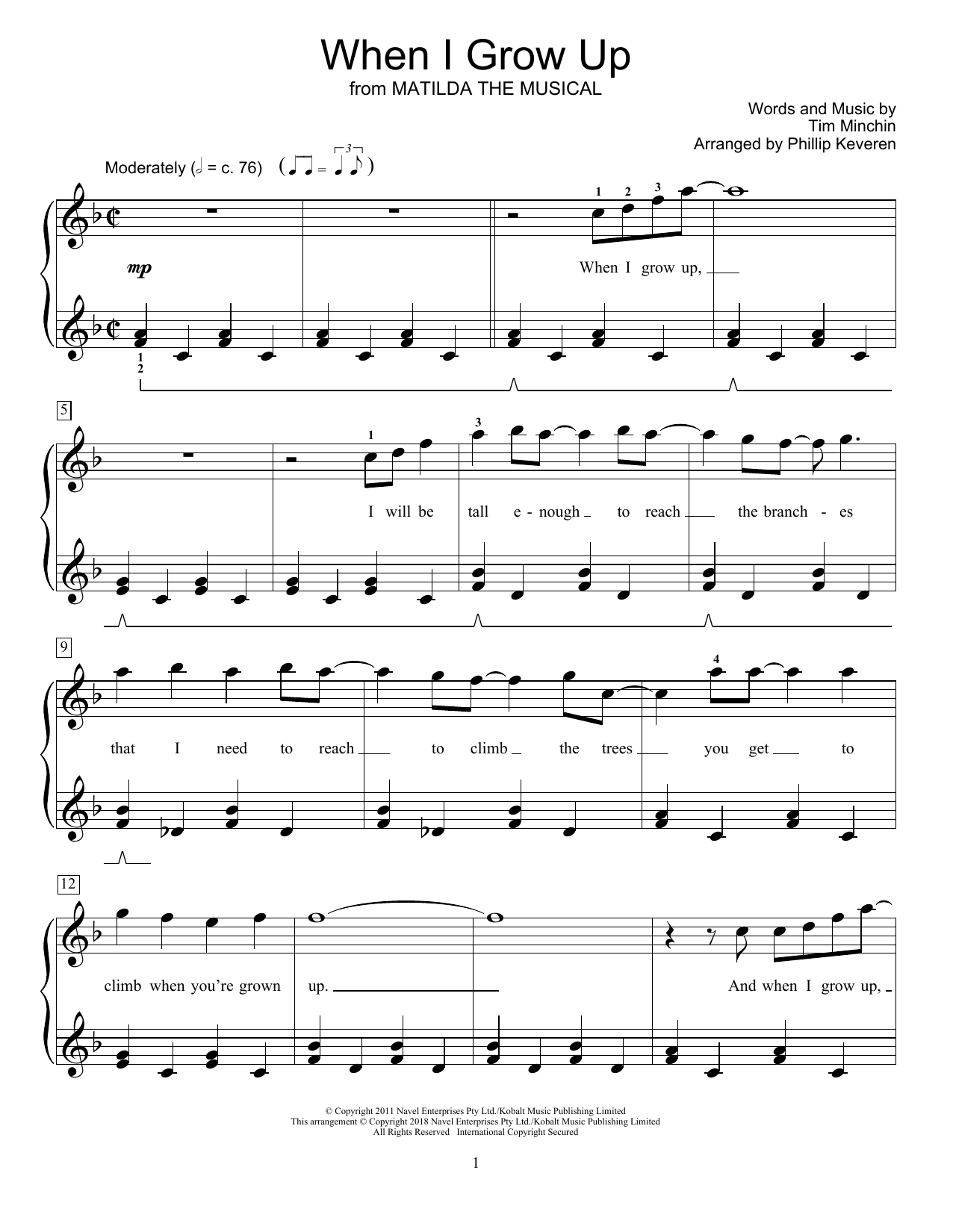 Tim Minchin When I Grow Up from Matilda The Musical arr Phillip 