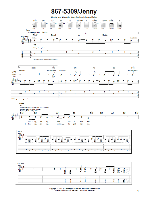 Tommy Tutone 867 5309 Jenny Sheet Music Notes Download Printable Pdf Score 183684