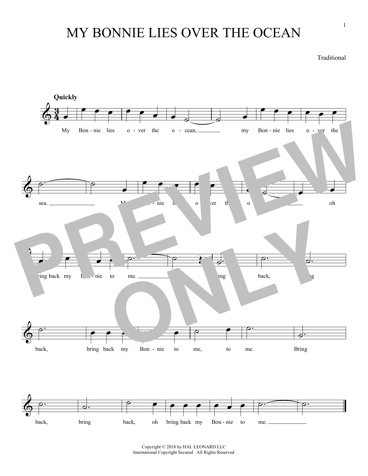 Traditional "My Bonnie Lies Over The Ocean" Sheet Music Notes ...