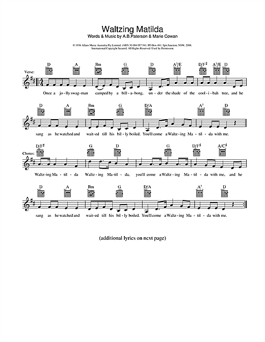 Traditional Waltzing Matilda Sheet Music Notes Download Printable 