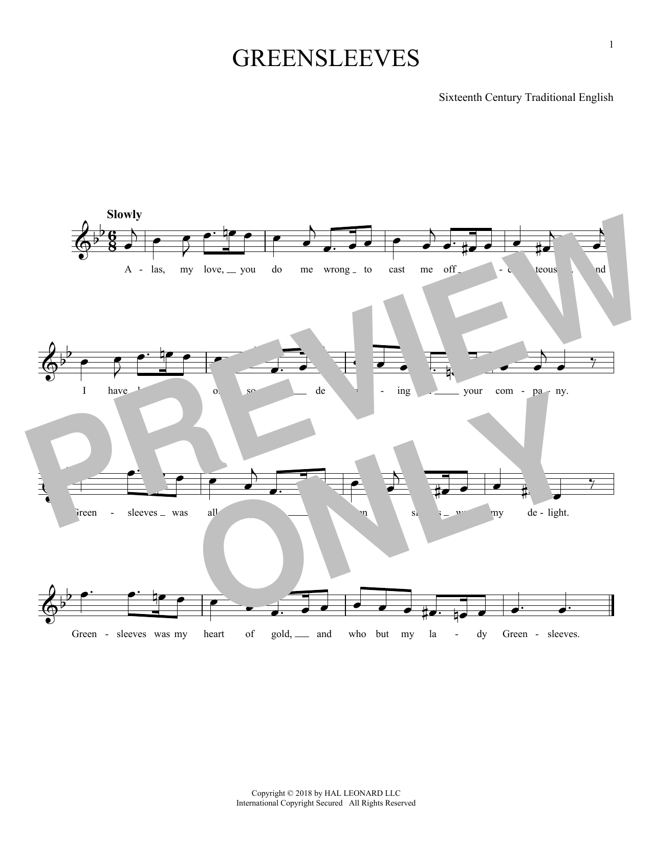 Traditional English Greensleeves Sheet Music Notes Download Printable Pdf Score 1129611