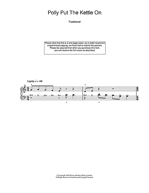 Traditional Nursery Rhyme "Polly Put The Kettle On" Sheet Music Notes