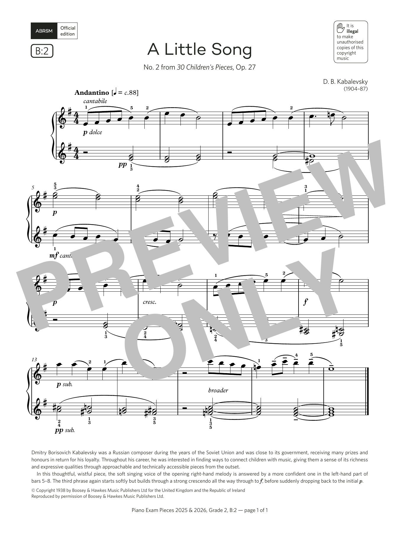 Download D. B. Kabalevsky A Little Song (Grade 2, list B2, from the ABRSM Piano Syllabus 2025 & 2026) Sheet Music and learn how to play Piano Solo PDF digital score in minutes