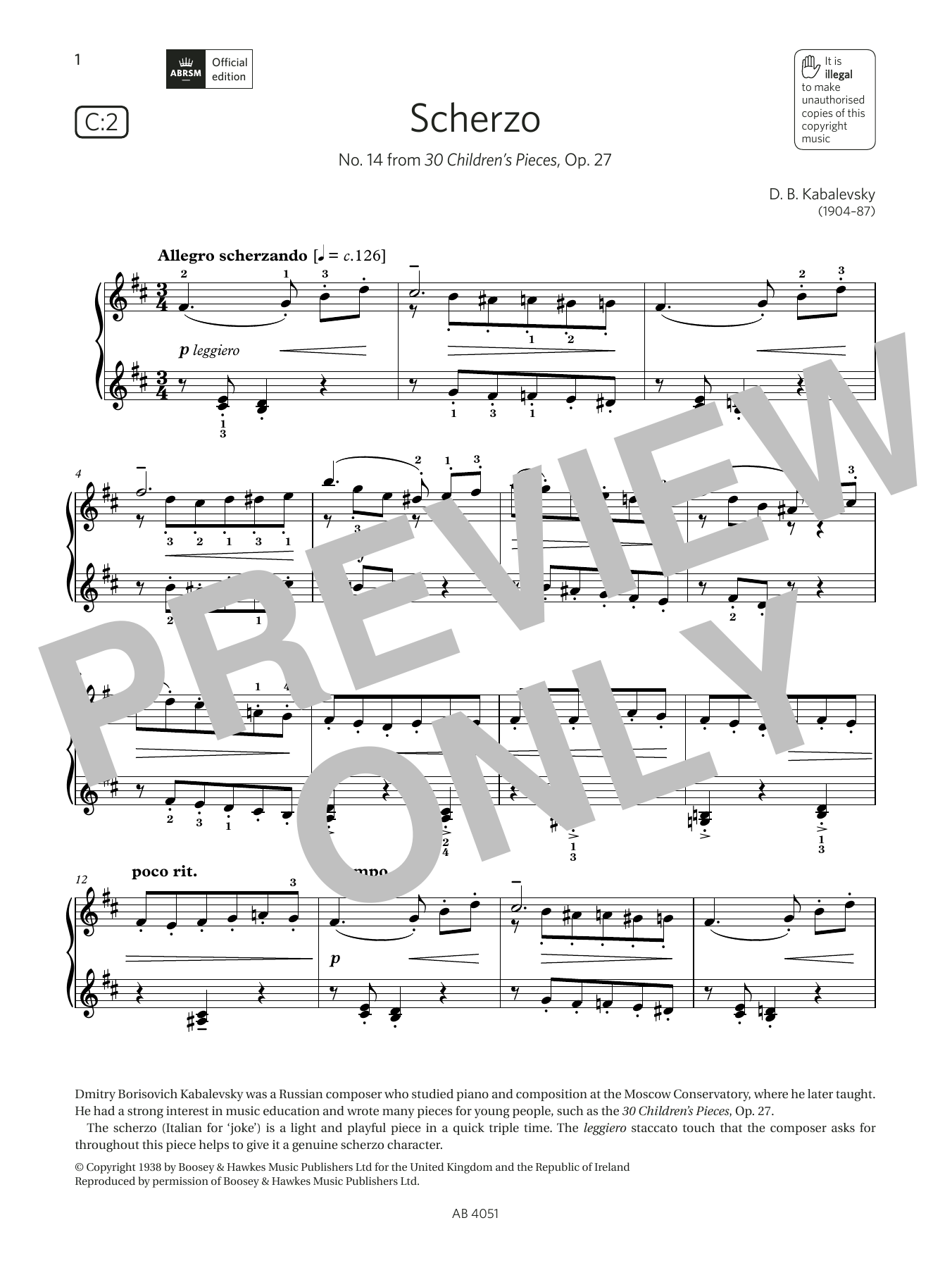 Download D B Kabalevsky Scherzo (Grade 5, list C2, from the ABRSM Piano Syllabus 2023 & 2024) Sheet Music and learn how to play Piano Solo PDF digital score in minutes