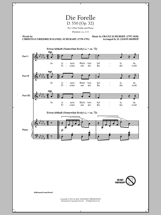 Download Franz Schubert Die Forelle, D.550, Op.32 (arr. D.Jason Bishop) Sheet Music and learn how to play 3-Part Treble PDF digital score in minutes