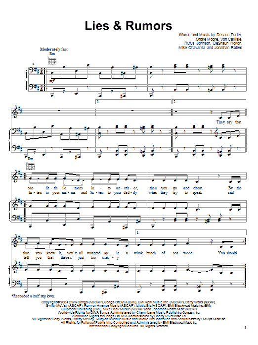 Download D12 Lies & Rumors (from Shark Tale) Sheet Music and learn how to play Piano, Vocal & Guitar (Right-Hand Melody) PDF digital score in minutes