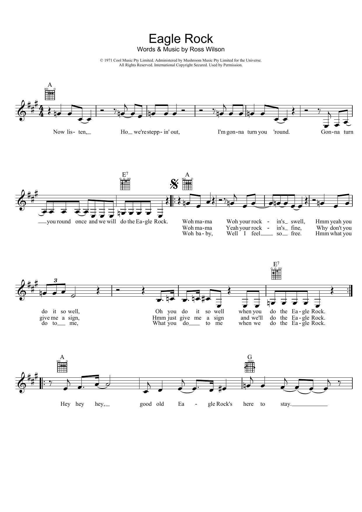 Download Daddy Cool Eagle Rock Sheet Music and learn how to play Melody Line, Lyrics & Chords PDF digital score in minutes