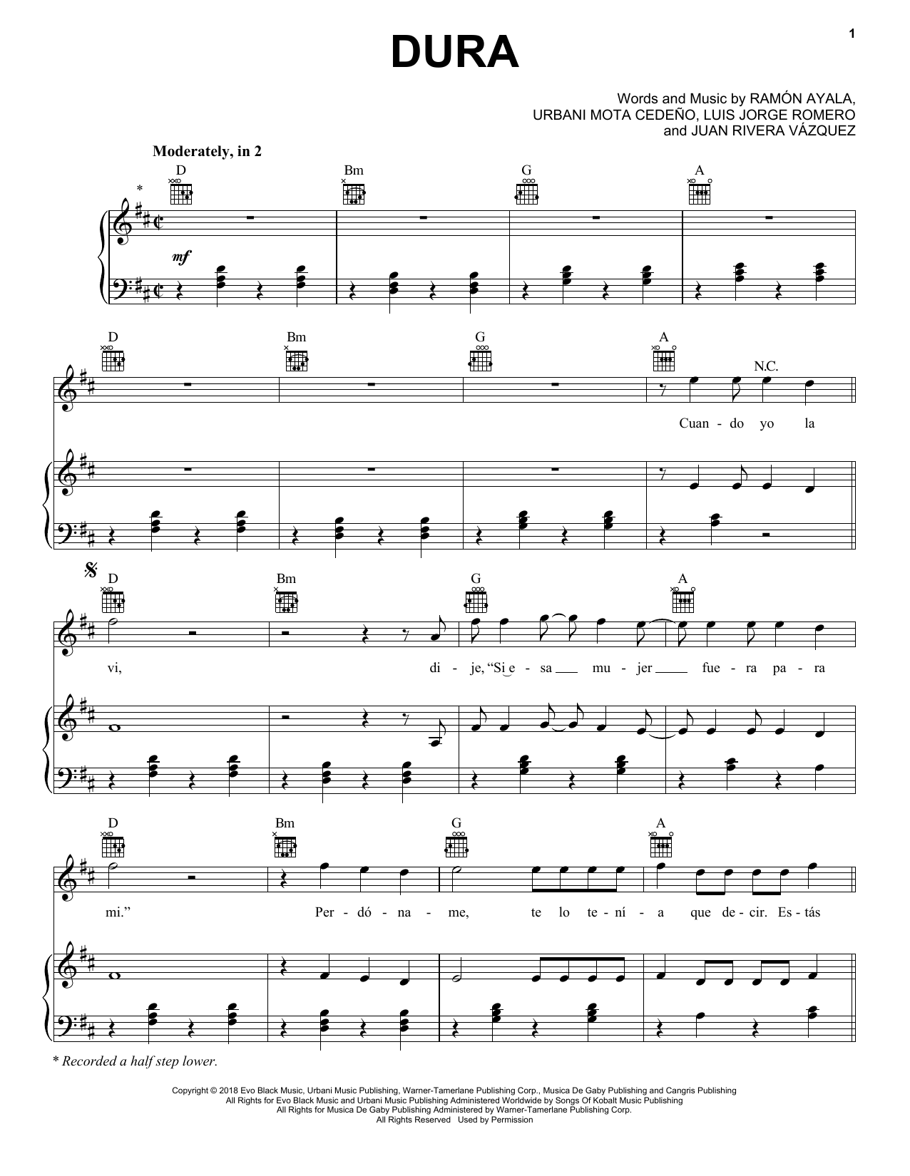 Download Daddy Yankee Dura Sheet Music and learn how to play Piano, Vocal & Guitar (Right-Hand Melody) PDF digital score in minutes