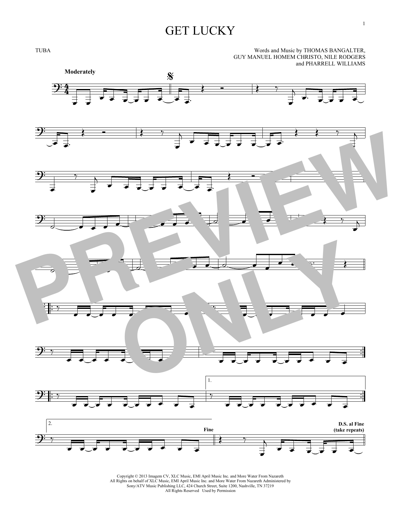 Download Daft Punk feat. Pharrell Williams Get Lucky Sheet Music and learn how to play Tuba Solo PDF digital score in minutes