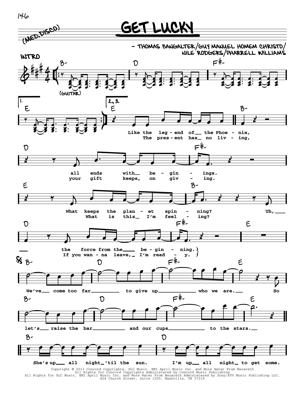 Download Daft Punk Get Lucky (feat. Pharrell Williams & Nile Rodgers) Sheet Music and learn how to play Real Book – Melody, Lyrics & Chords PDF digital score in minutes