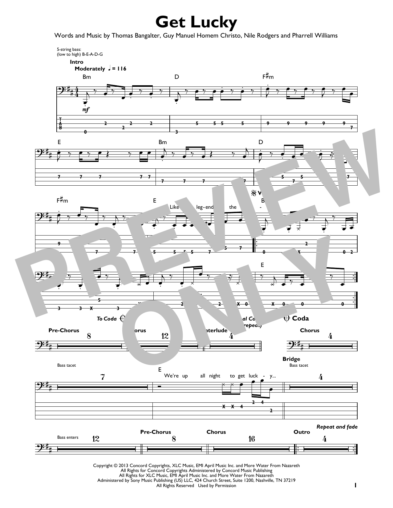 Download Daft Punk Get Lucky (feat. Pharrell Williams and Nile Rodgers) Sheet Music and learn how to play Easy Bass Tab PDF digital score in minutes