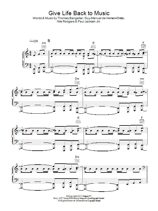 Download Daft Punk Give Life Back To Music Sheet Music and learn how to play Piano, Vocal & Guitar (Right-Hand Melody) PDF digital score in minutes
