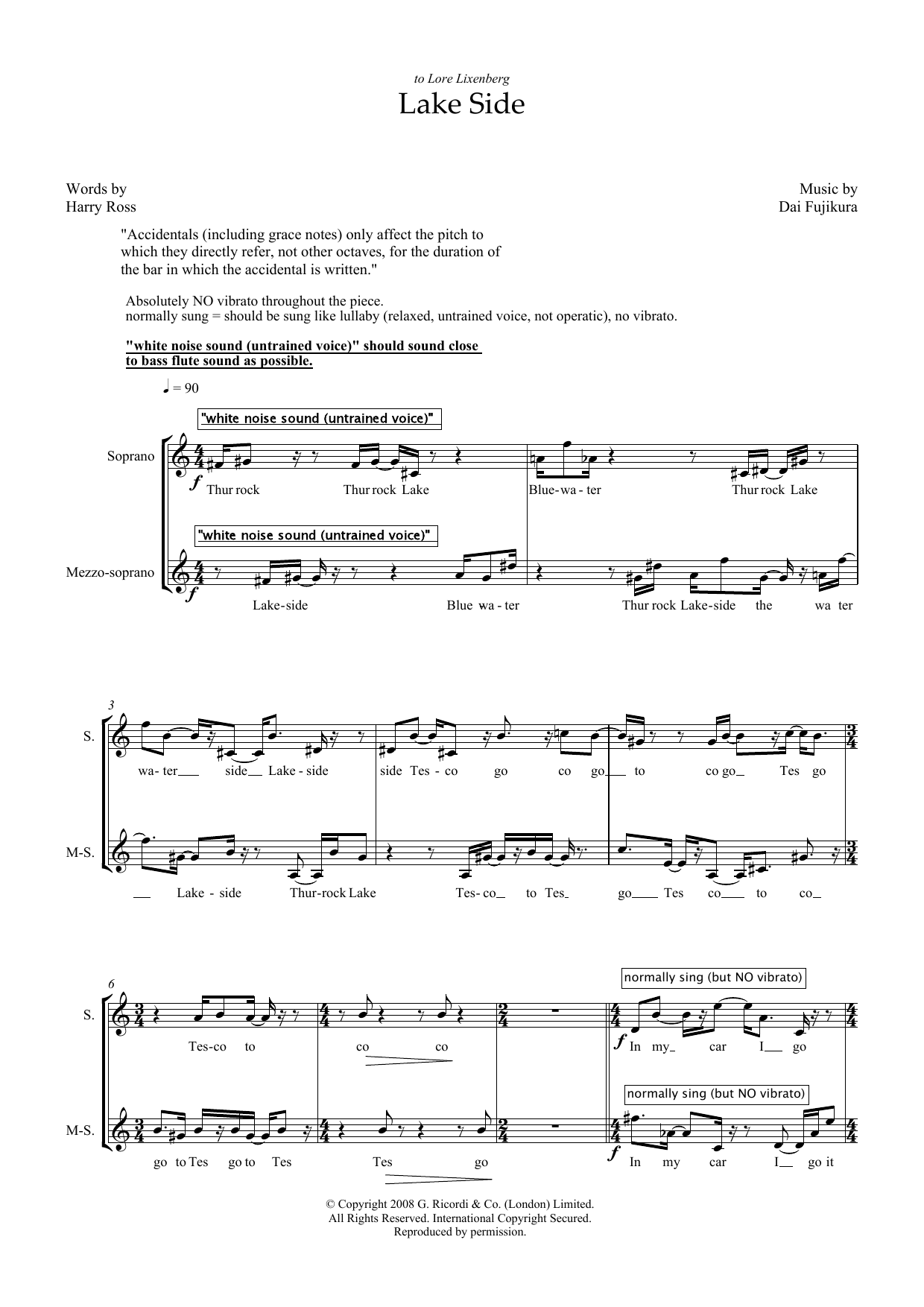Download Dai Fujikura Lake Side (for mezzo-soprano) Sheet Music and learn how to play Piano & Vocal PDF digital score in minutes