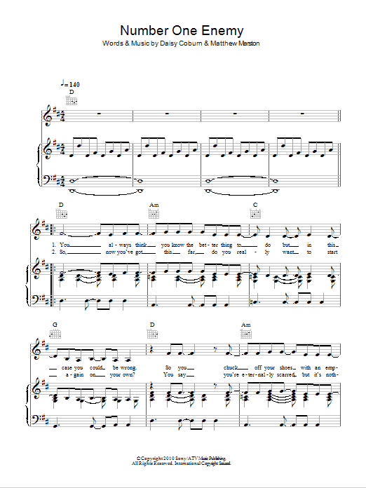 Download Daisy Dares You Number One Enemy Sheet Music and learn how to play Piano, Vocal & Guitar (Right-Hand Melody) PDF digital score in minutes