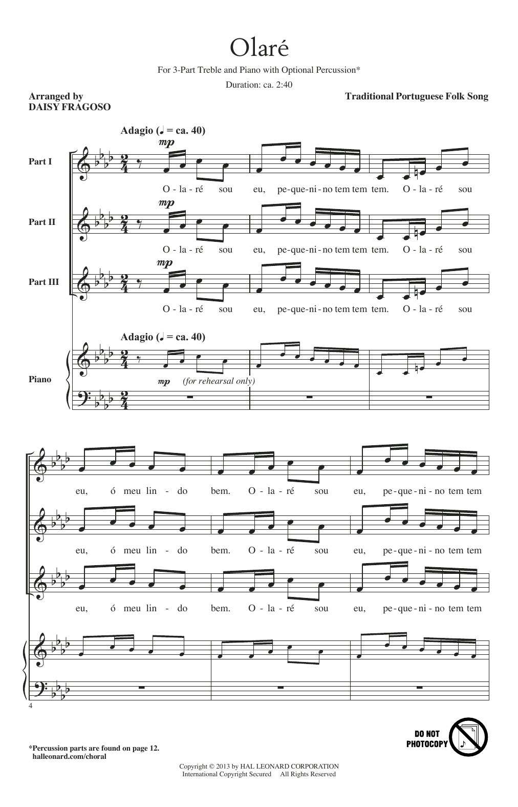 Download Daisy Fragoso Olare Sheet Music and learn how to play 3-Part Treble PDF digital score in minutes