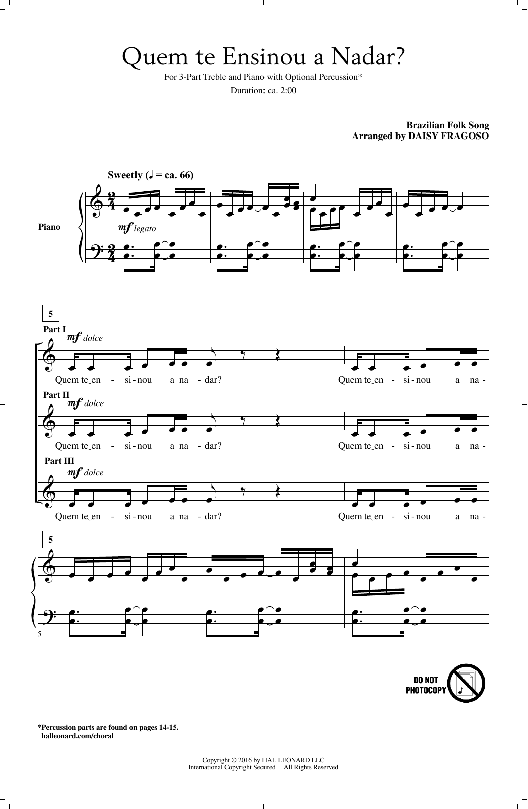 Download Daisy Fragoso Quem Te Ensinou A Nadar? Sheet Music and learn how to play 3-Part Treble PDF digital score in minutes