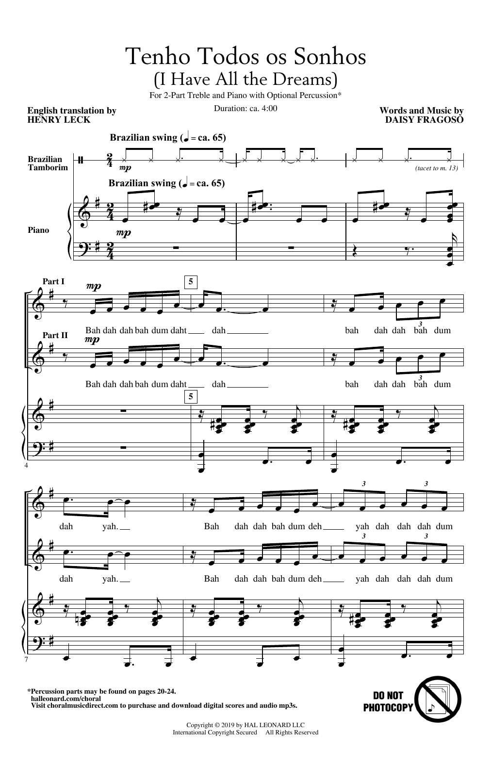Download Daisy Fragoso Tenho Todos Os Sonhos (I Have All the Dreams) Sheet Music and learn how to play 2-Part Choir PDF digital score in minutes