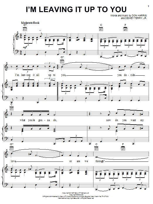 Download Dale & Grace I'm Leaving It Up To You Sheet Music and learn how to play Piano, Vocal & Guitar (Right-Hand Melody) PDF digital score in minutes