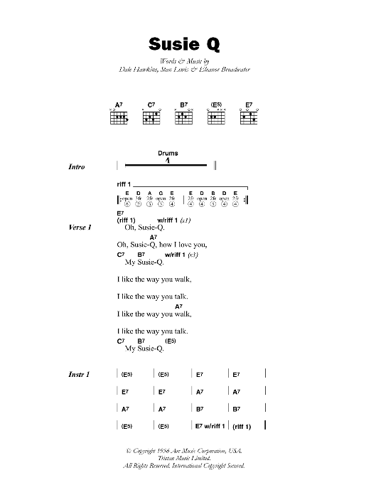 Download Dale Hawkins Susie Q Sheet Music and learn how to play Lyrics & Chords PDF digital score in minutes