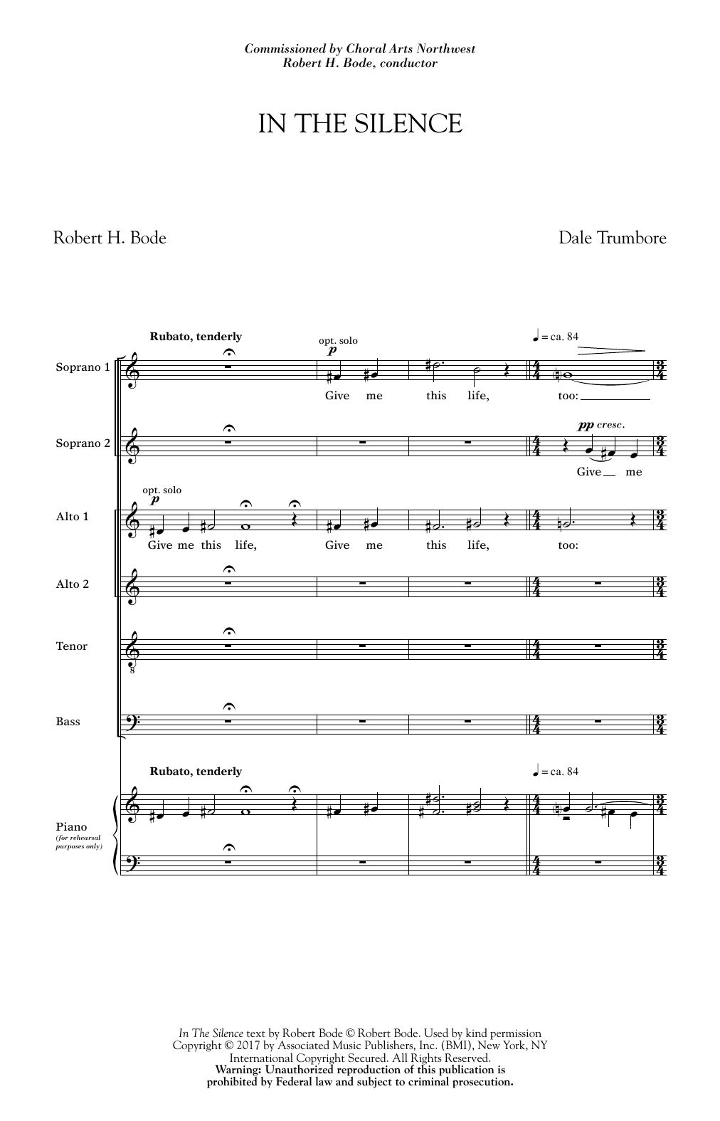 Download Dale Trumbore In The Silence Sheet Music and learn how to play SATB Choir PDF digital score in minutes