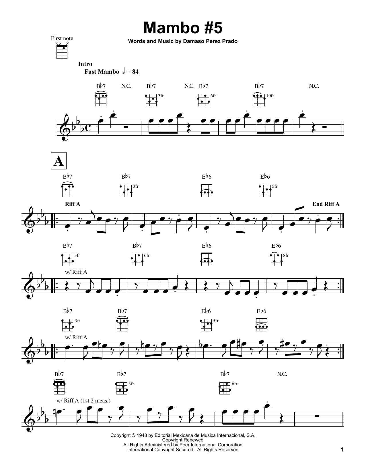 Download Damaso Perez Prado Mambo #5 Sheet Music and learn how to play Melody Line, Lyrics & Chords PDF digital score in minutes