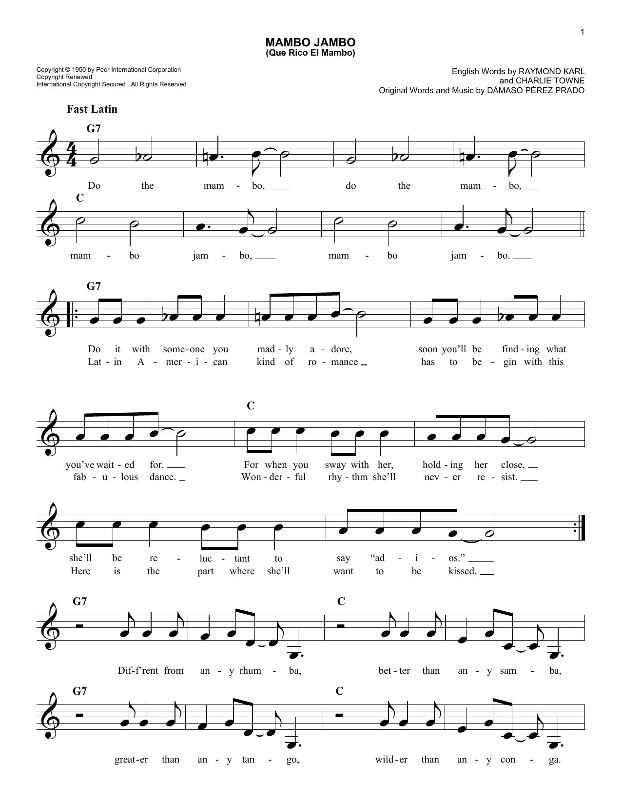 Download Damaso Perez Prado Mambo Jambo (Que Rico El Mambo) Sheet Music and learn how to play Melody Line, Lyrics & Chords PDF digital score in minutes