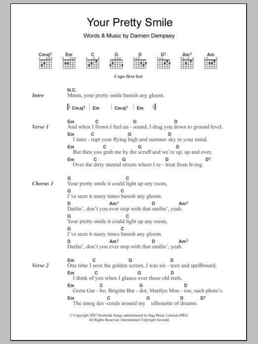 Download Damien Dempsey Your Pretty Smile Sheet Music and learn how to play Lyrics & Chords PDF digital score in minutes