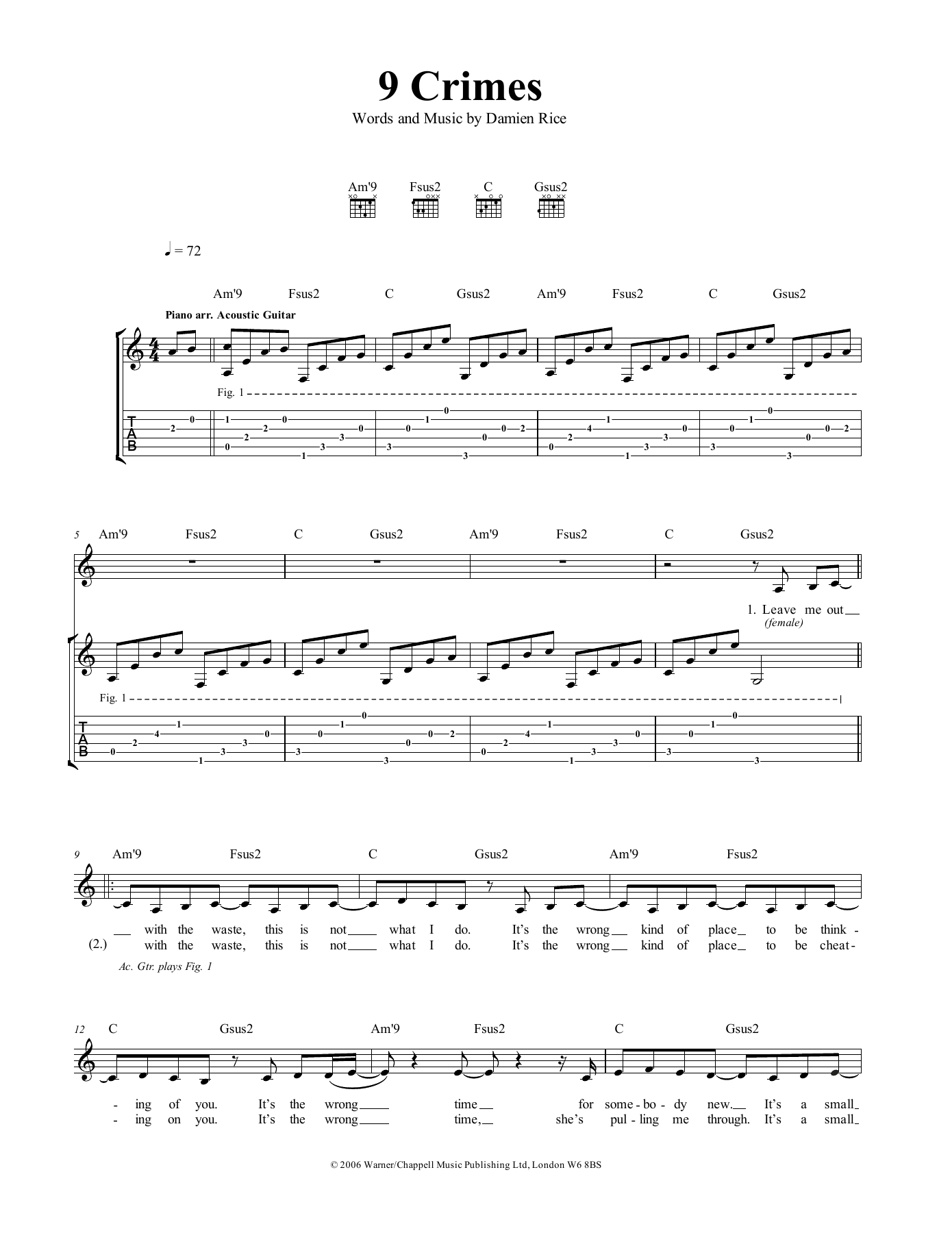 Download Damien Rice 9 Crimes Sheet Music and learn how to play Guitar Tab PDF digital score in minutes