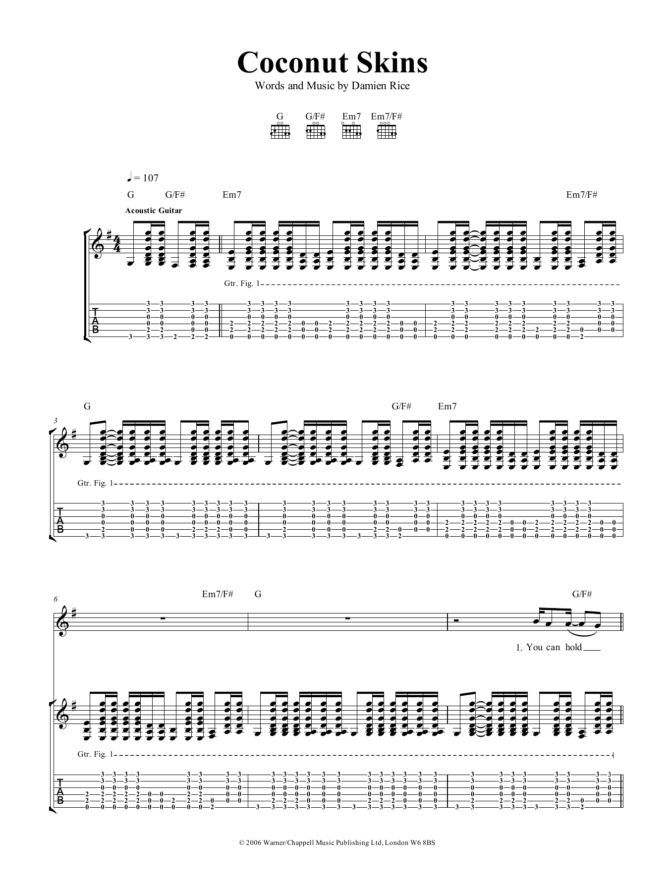 Download Damien Rice Coconut Skins Sheet Music and learn how to play Guitar Tab PDF digital score in minutes