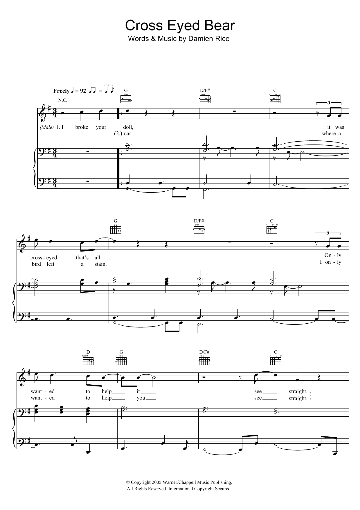 Download Damien Rice Cross-Eyed Bear Sheet Music and learn how to play Piano, Vocal & Guitar (Right-Hand Melody) PDF digital score in minutes