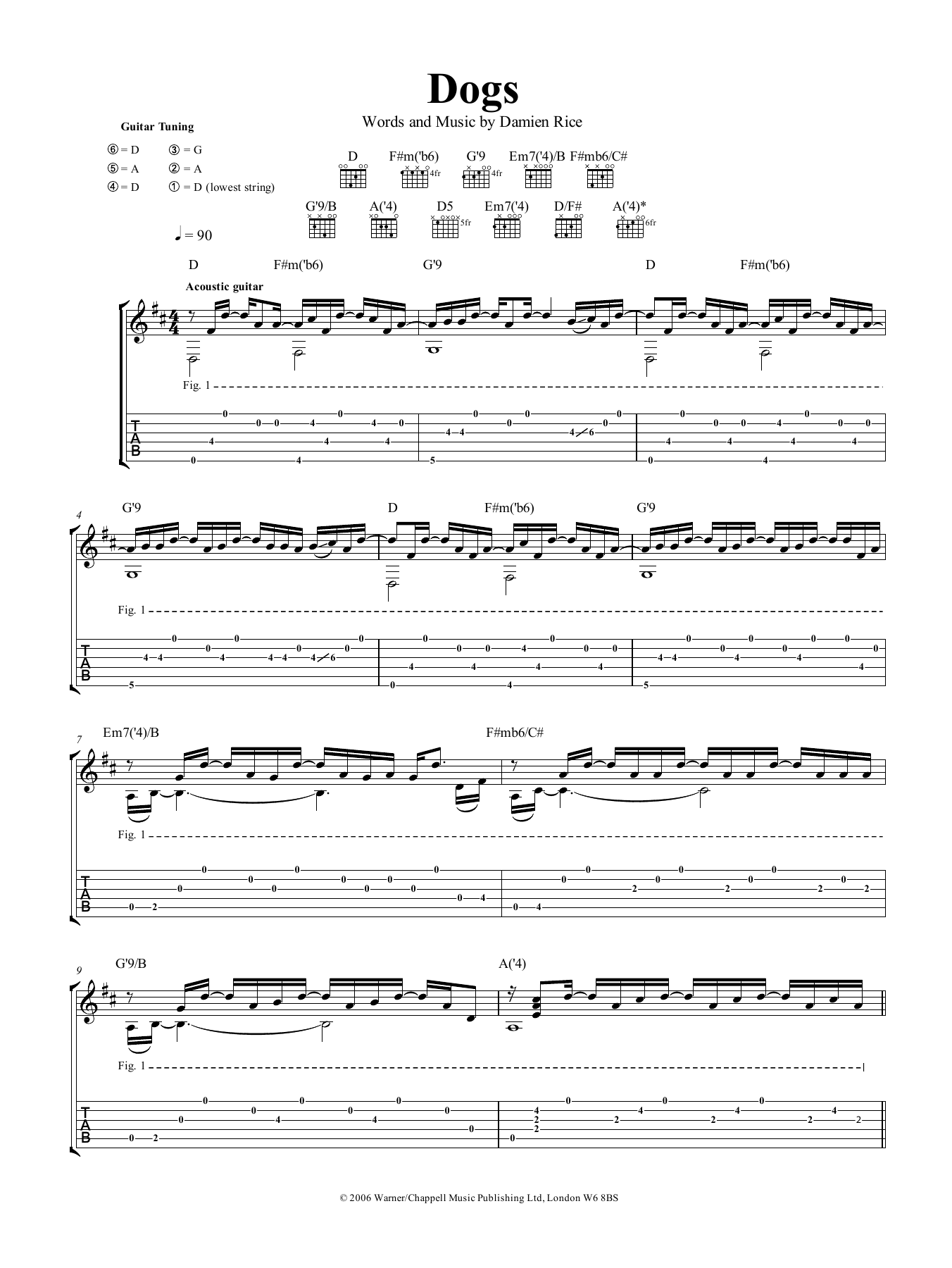 Download Damien Rice Dogs Sheet Music and learn how to play Guitar Tab PDF digital score in minutes