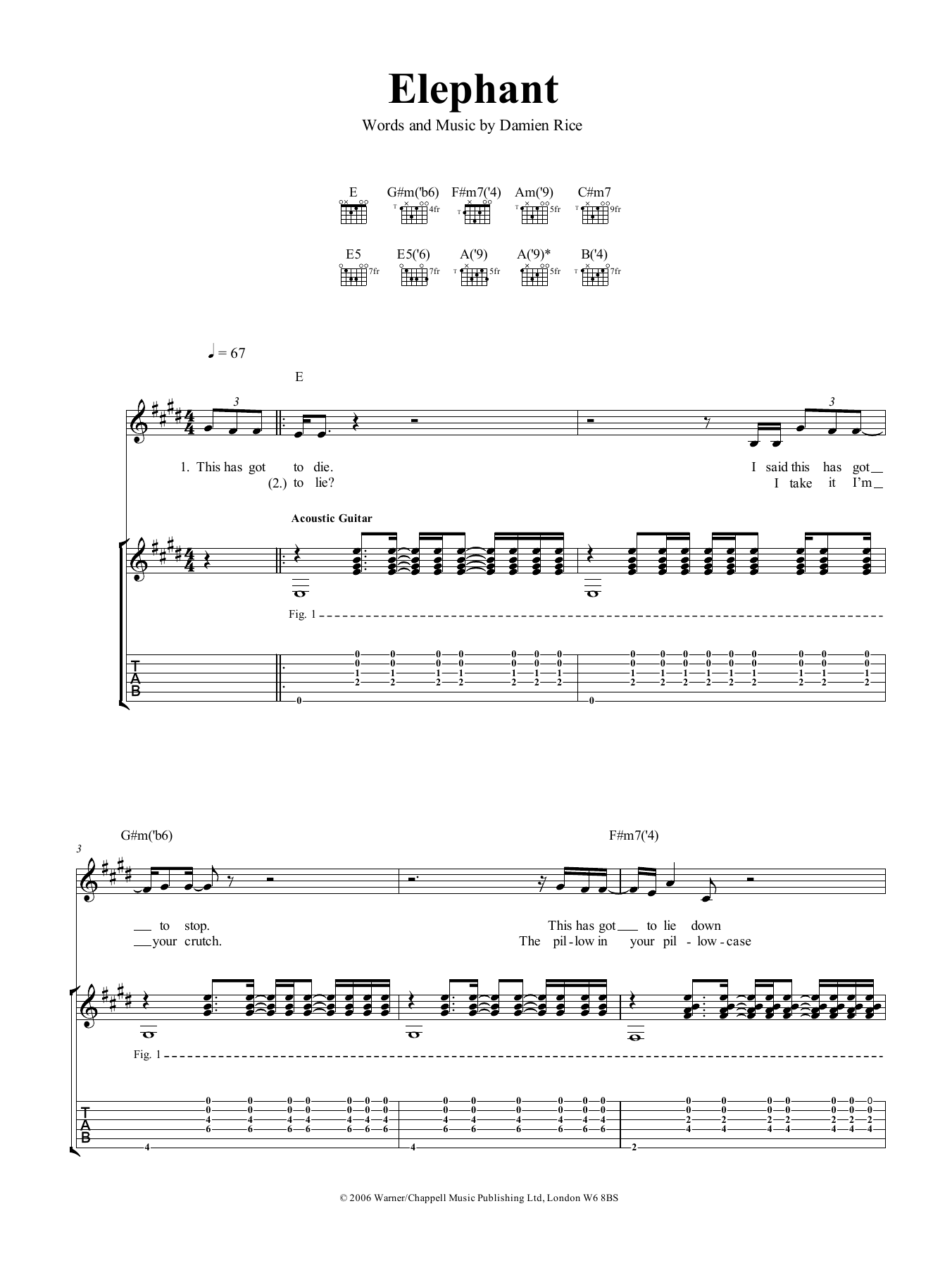 Download Damien Rice Elephant Sheet Music and learn how to play Guitar Tab PDF digital score in minutes