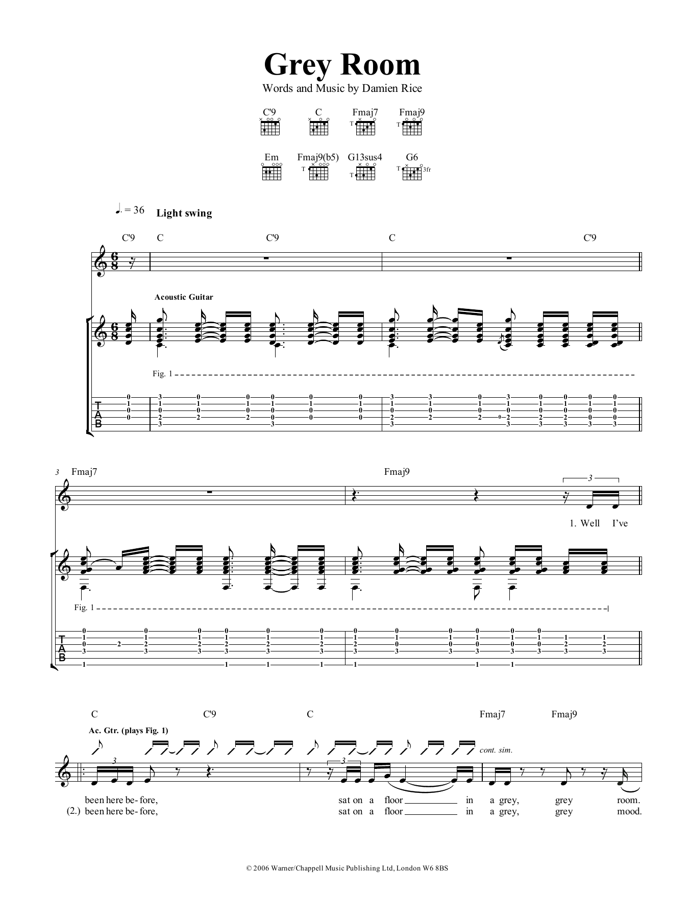 Download Damien Rice Grey Room Sheet Music and learn how to play Guitar Tab PDF digital score in minutes