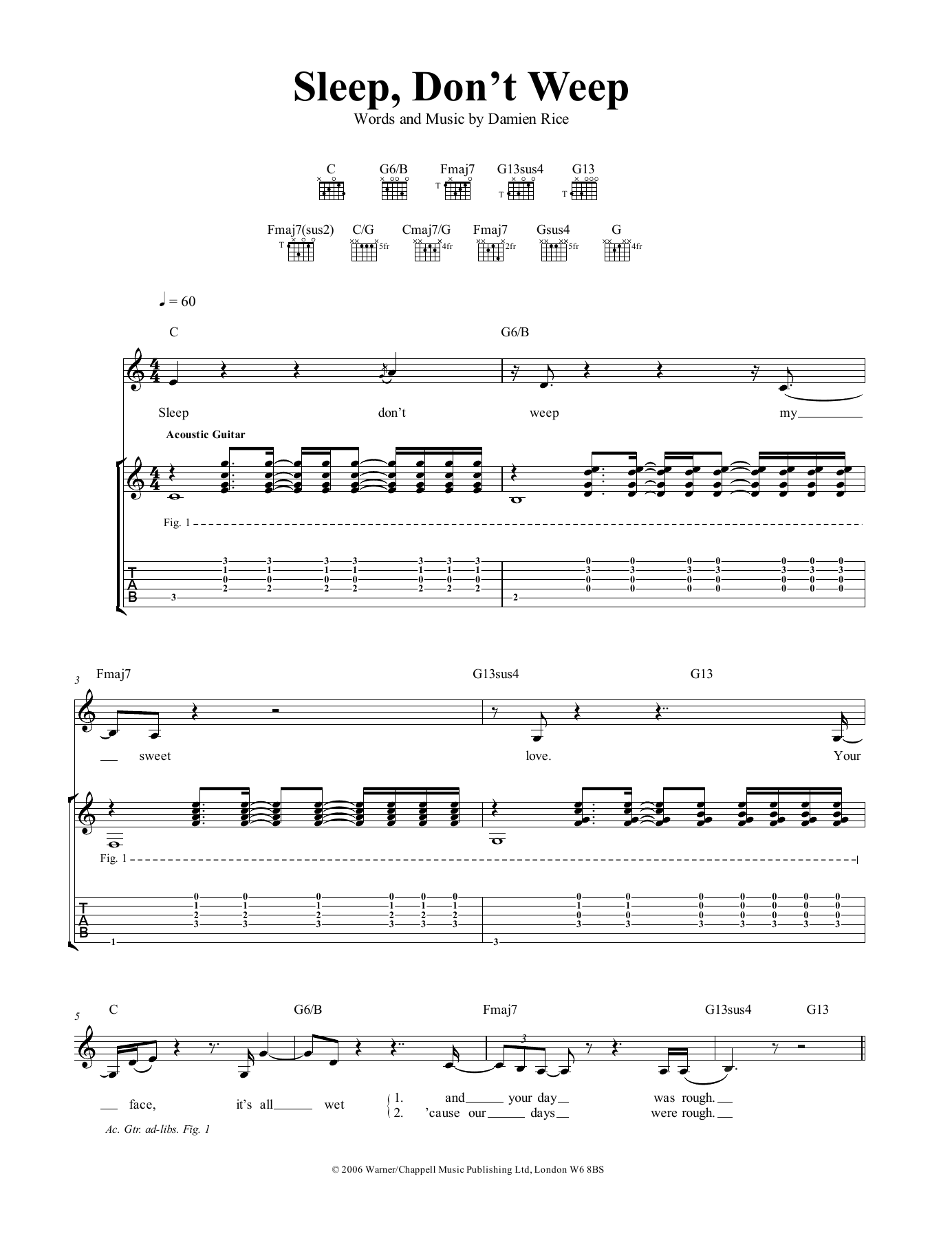 Download Damien Rice Sleep, Don't Weep Sheet Music and learn how to play Guitar Tab PDF digital score in minutes