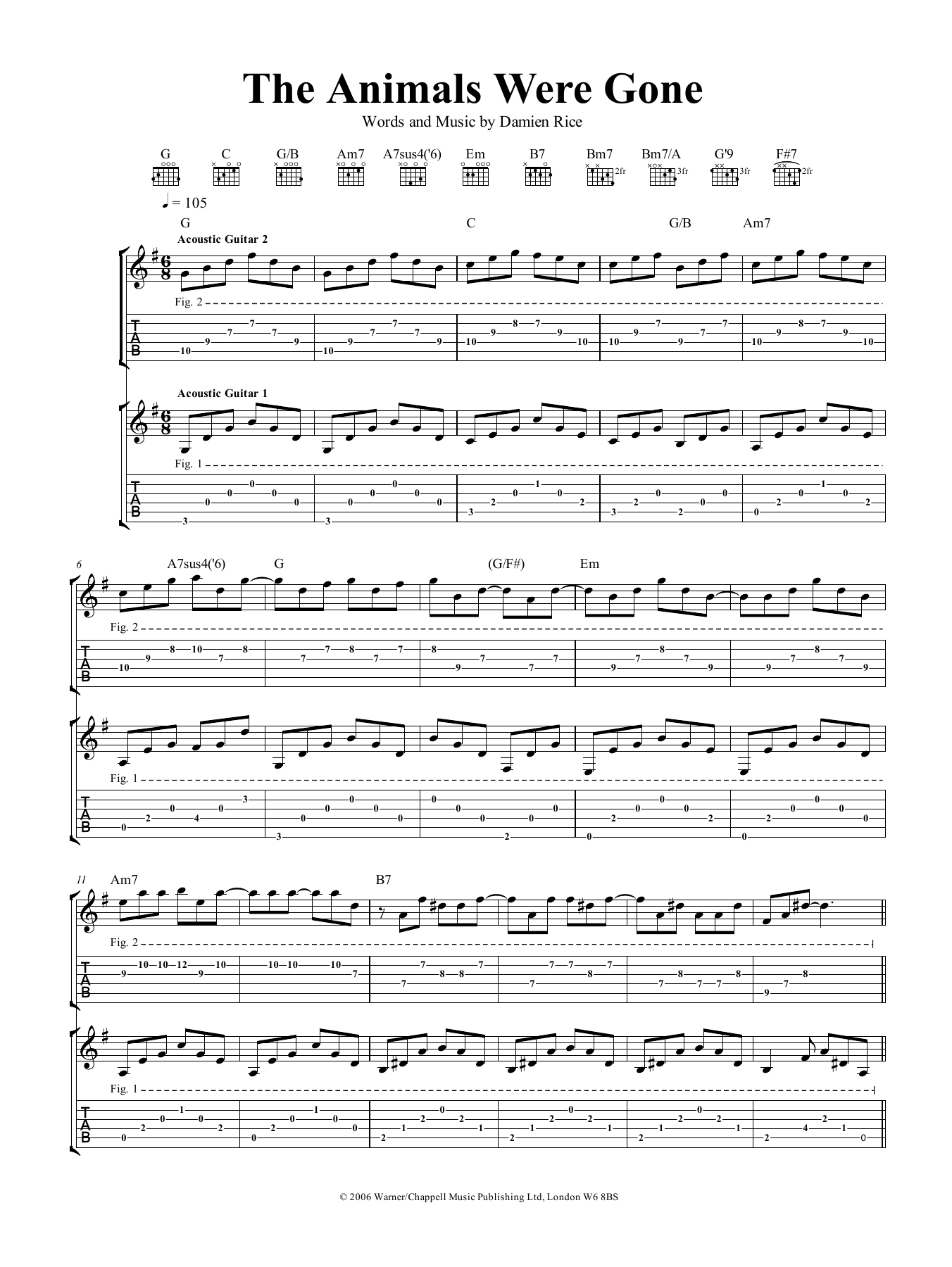 Download Damien Rice The Animals Were Gone Sheet Music and learn how to play Guitar Tab PDF digital score in minutes