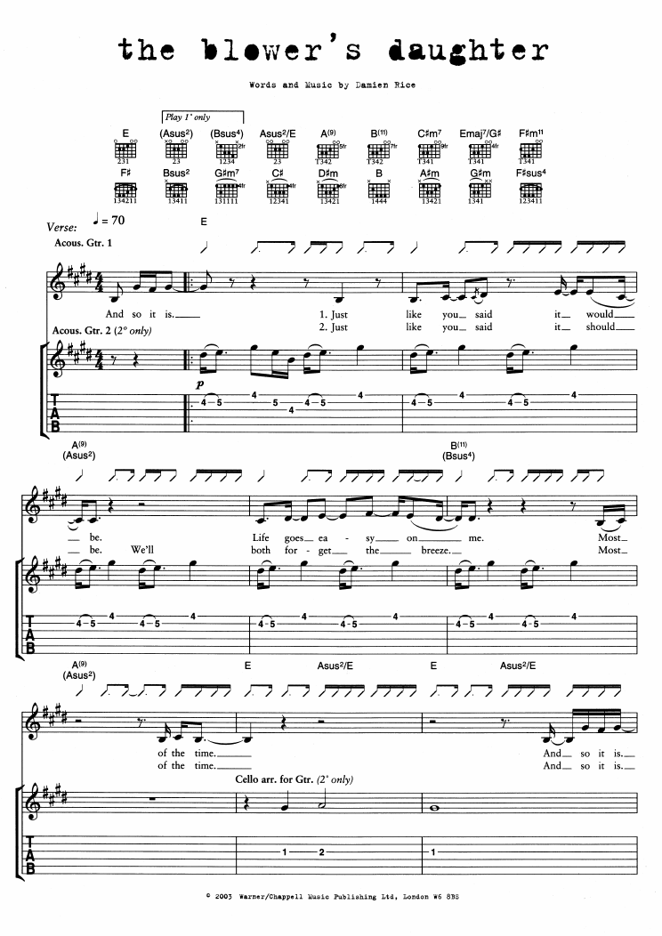 Download Damien Rice The Blower's Daughter Sheet Music and learn how to play Guitar Tab PDF digital score in minutes