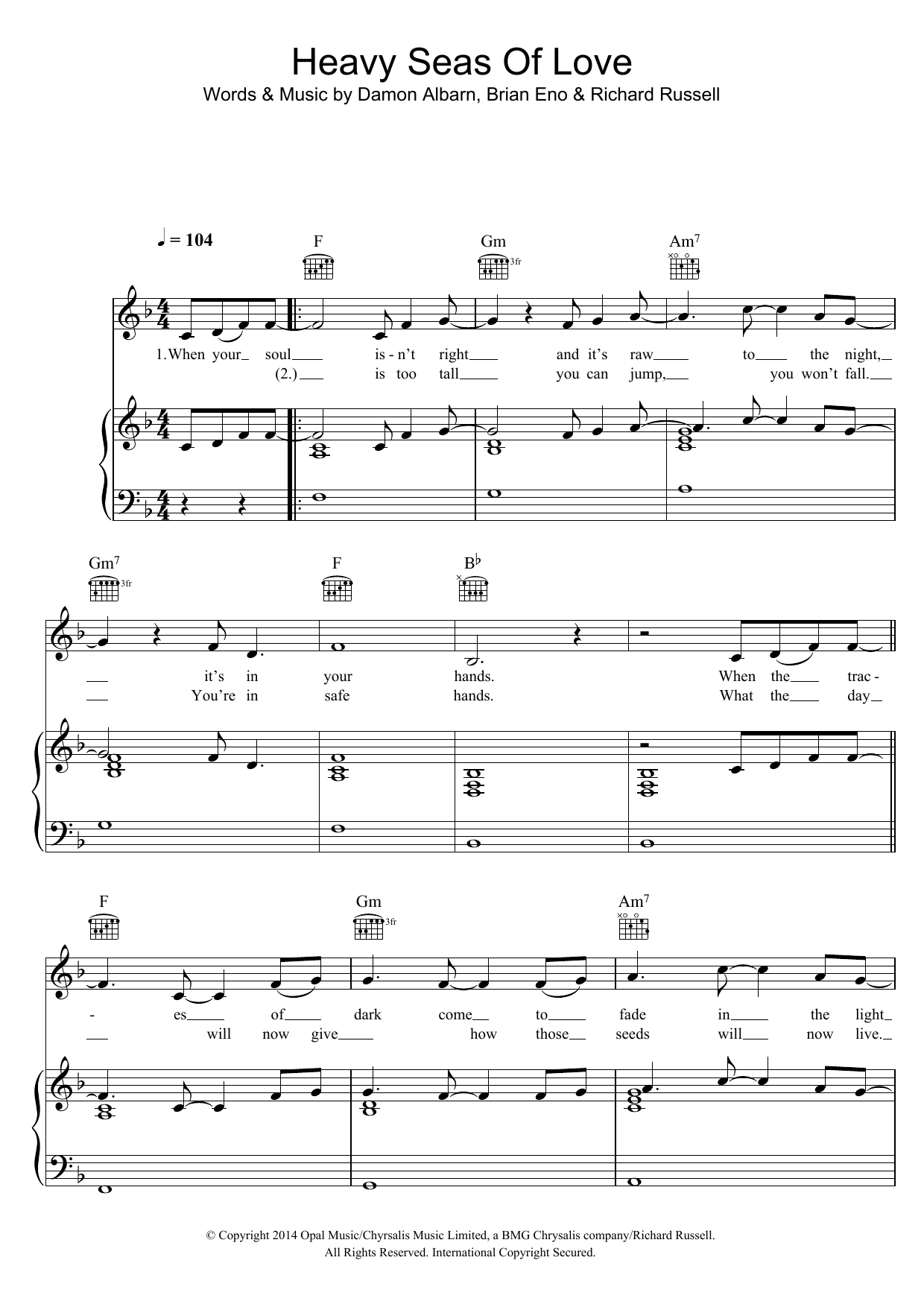 Download Damon Albarn Heavy Seas Of Love Sheet Music and learn how to play Piano, Vocal & Guitar (Right-Hand Melody) PDF digital score in minutes