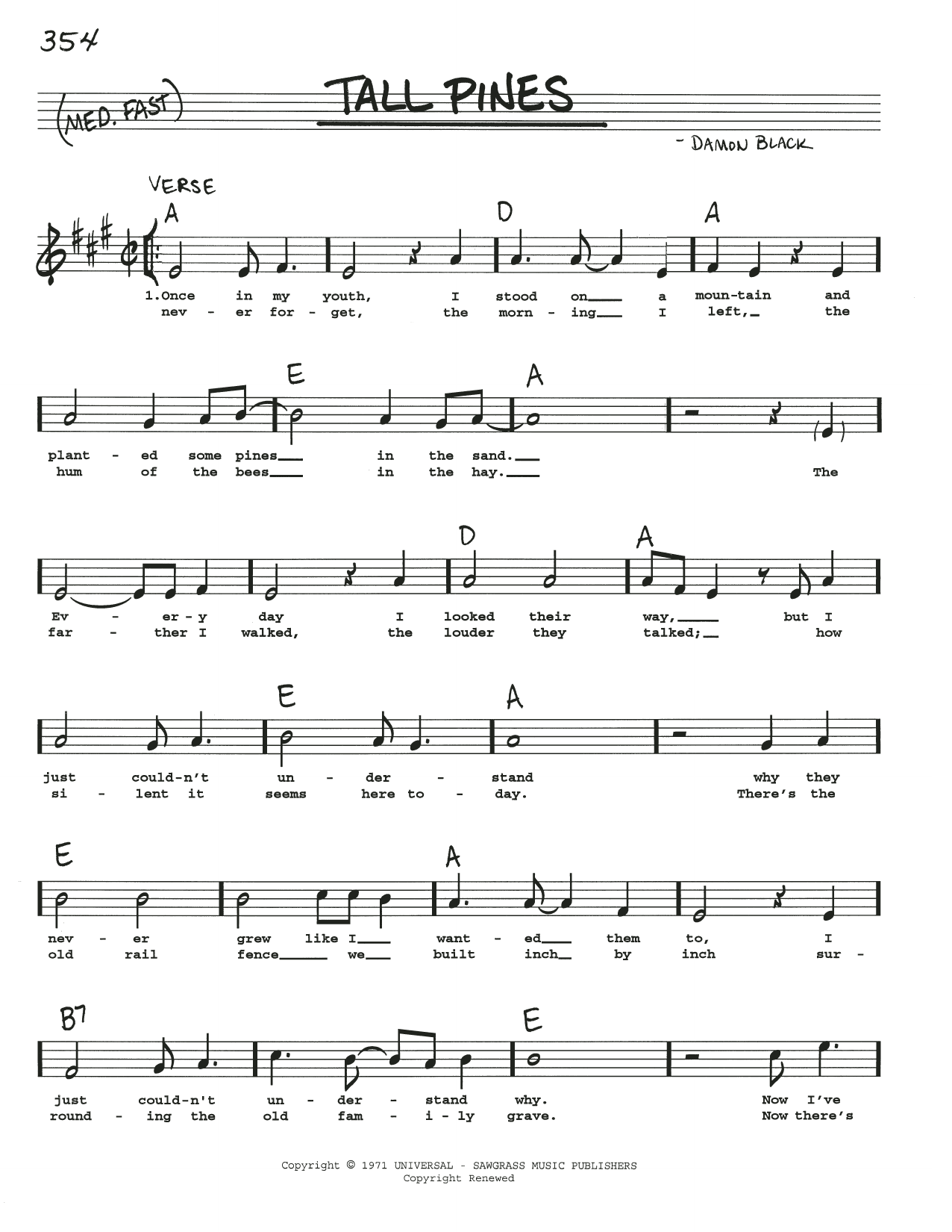 Download Damon Black Tall Pines Sheet Music and learn how to play Real Book – Melody, Lyrics & Chords PDF digital score in minutes