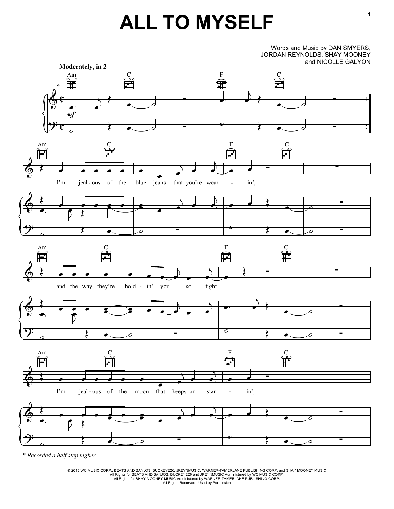 Download Dan + Shay All To Myself Sheet Music and learn how to play Piano, Vocal & Guitar Chords (Right-Hand Melody) PDF digital score in minutes