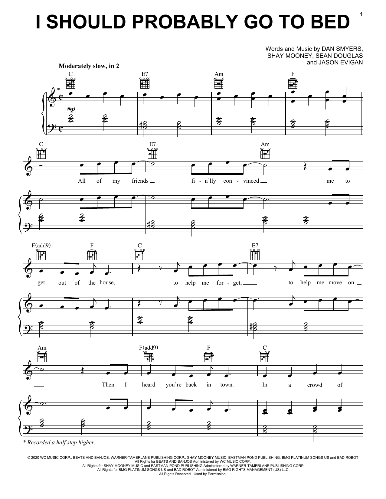 Download Dan + Shay I Should Probably Go To Bed Sheet Music and learn how to play Piano, Vocal & Guitar Chords (Right-Hand Melody) PDF digital score in minutes