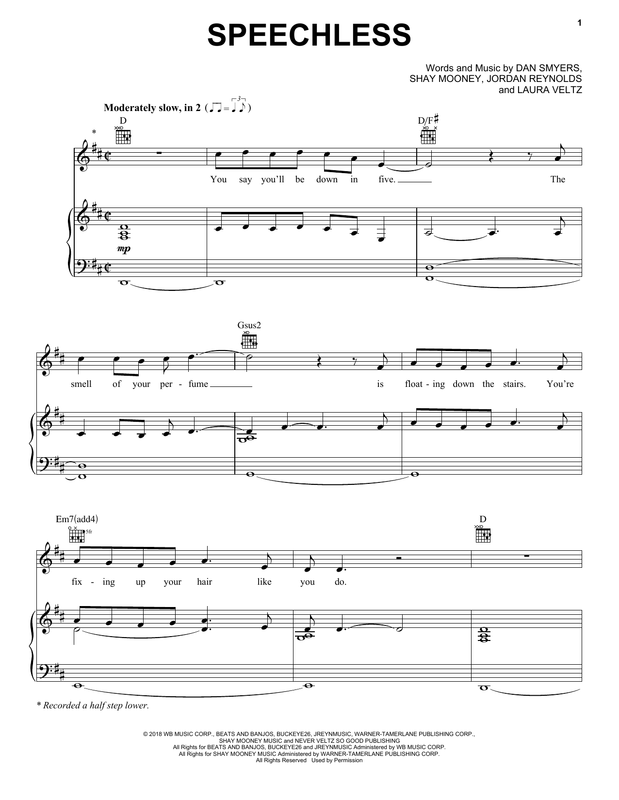 Download Dan + Shay Speechless Sheet Music and learn how to play Piano, Vocal & Guitar Chords (Right-Hand Melody) PDF digital score in minutes