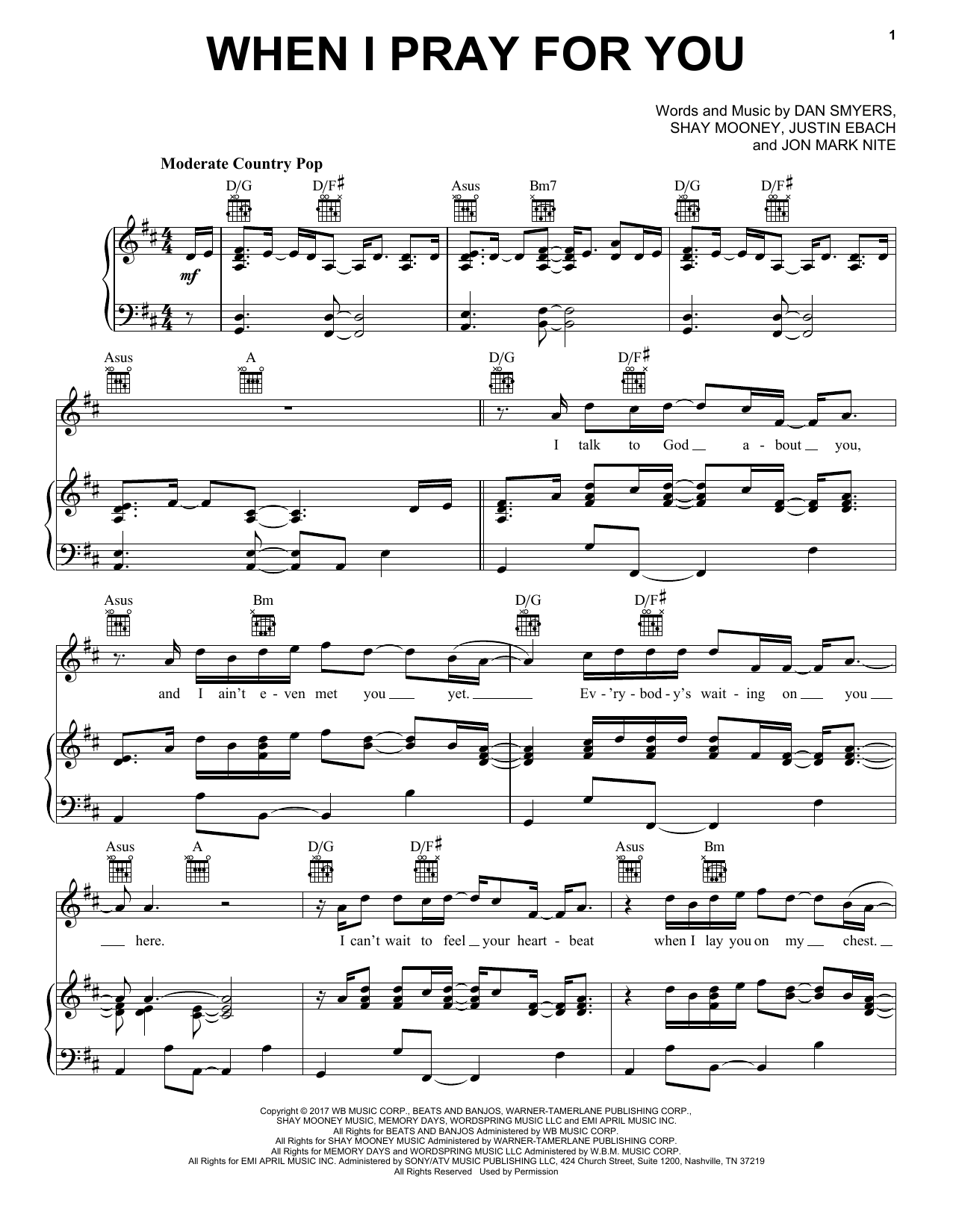 Download Dan + Shay When I Pray For You Sheet Music and learn how to play Piano, Vocal & Guitar (Right-Hand Melody) PDF digital score in minutes