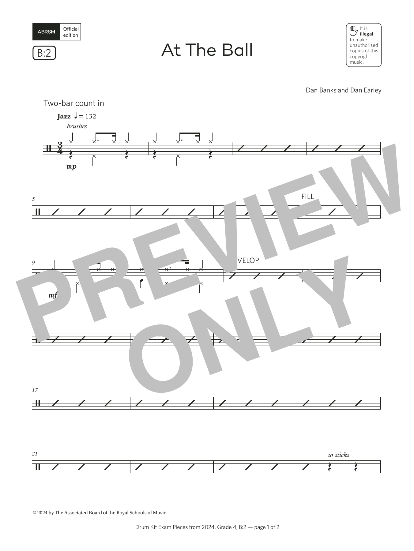 Download Dan Banks and Dan Earley At The Ball (Grade 4, list B2, from the ABRSM Drum Kit Syllabus 2024) Sheet Music and learn how to play Drums PDF digital score in minutes