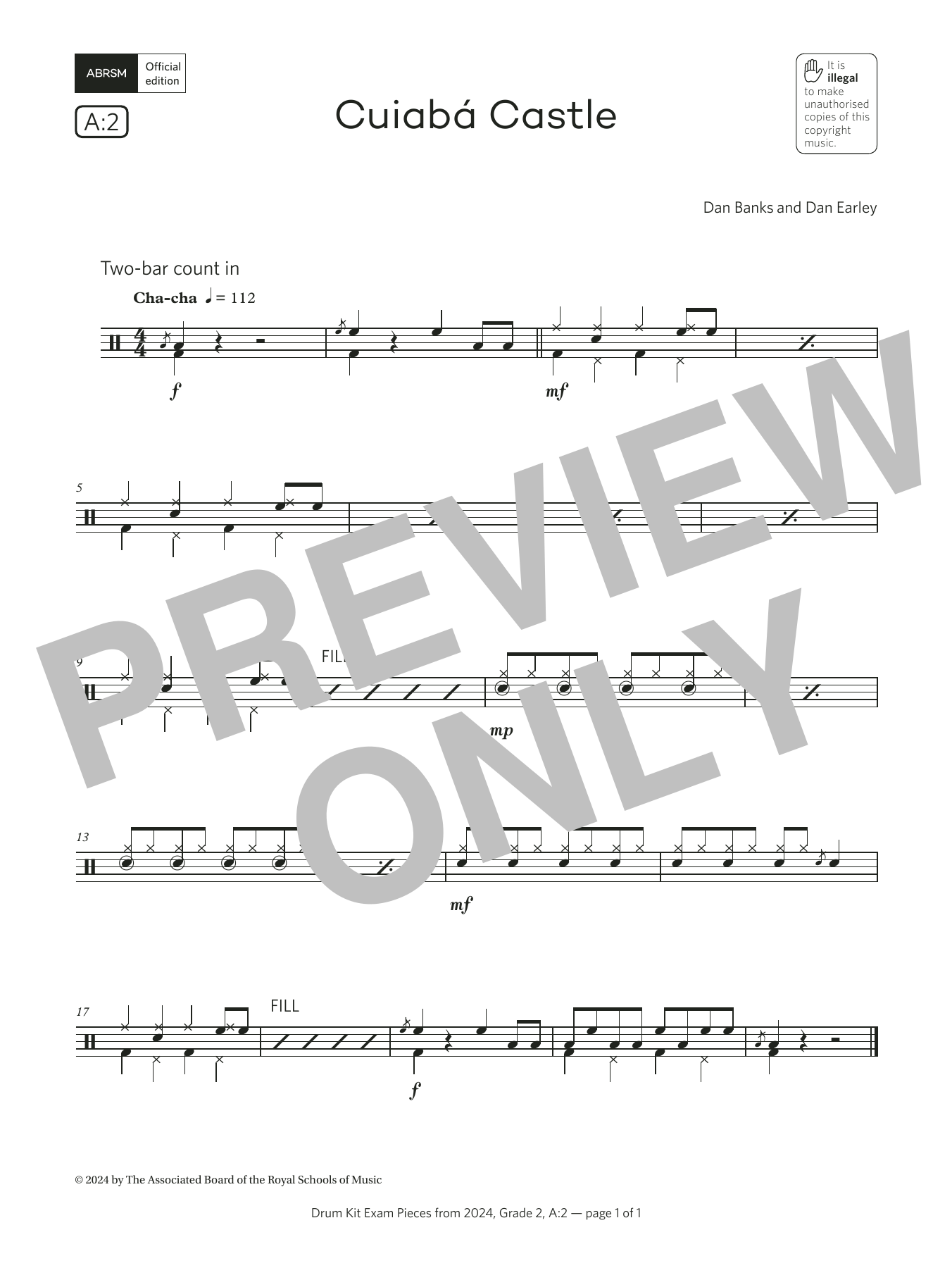 Download Dan Banks and Dan Earley Cuiabá Castle (Grade 2, list A2, from the ABRSM Drum Kit Syllabus 2024) Sheet Music and learn how to play Drums PDF digital score in minutes