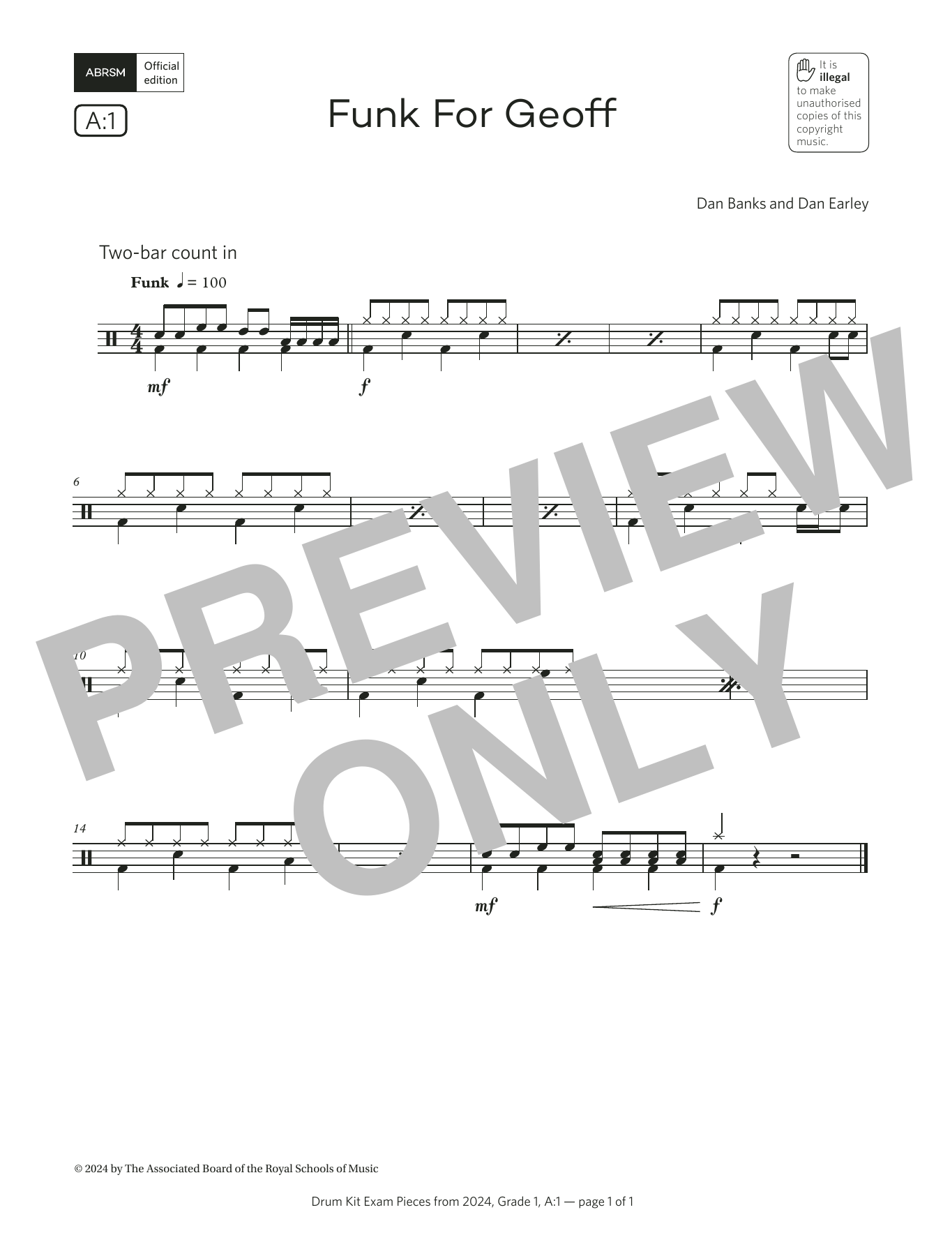 Download Dan Banks and Dan Earley Funk for Geoff (Grade 1, list A1, from the ABRSM Drum Kit Syllabus 2024) Sheet Music and learn how to play Drums PDF digital score in minutes